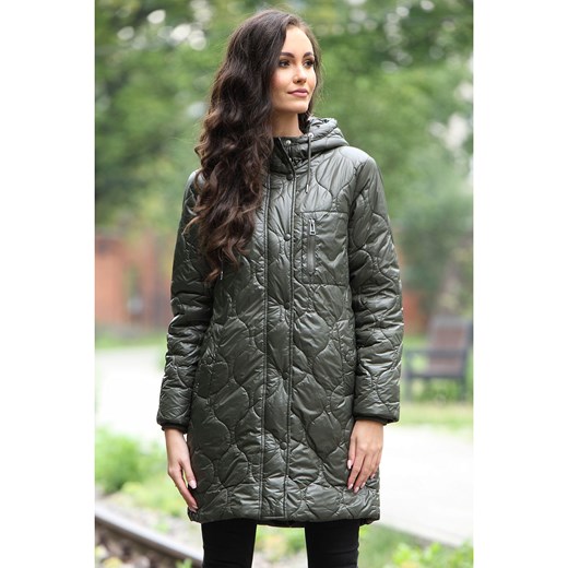 Zielona pikowana kurtka z kapturem Perso ze sklepu Eye For Fashion w kategorii Kurtki damskie - zdjęcie 147462712
