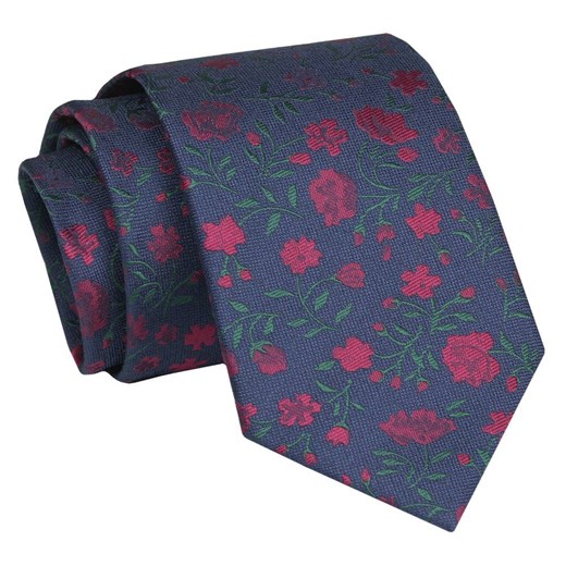 Krawat - ALTIES - Granatowy, Wzór w Kwiaty KRALTS0863 ze sklepu JegoSzafa.pl w kategorii Krawaty - zdjęcie 147609633