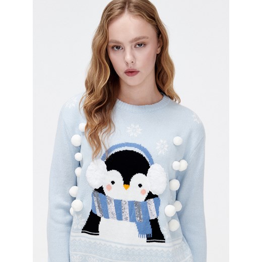 Cropp - Sweter świąteczny z pingwinem - Niebieski Cropp M Cropp