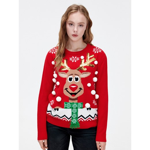 Cropp - Czerwony sweter świąteczny z reniferem - Czerwony Cropp S Cropp