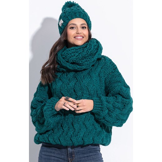 Zielony sweter damski wełniany o grubym splocie F839, Kolor zielony, Rozmiar S/M, Fobya ze sklepu Primodo w kategorii Swetry damskie - zdjęcie 147822624