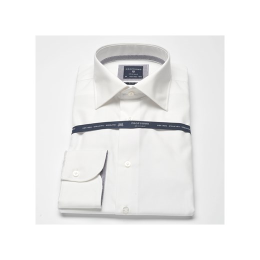 Elegancka biała koszula męska taliowana (SLIM FIT) z granatowym kontrastem w kropki eleganckipan-com-pl bialy bawełniane