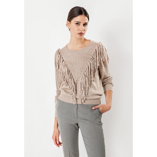 Beżowy sweter z frędzlami i ażurowymi rękawami ze sklepu Molton w kategorii Swetry damskie - zdjęcie 147879523