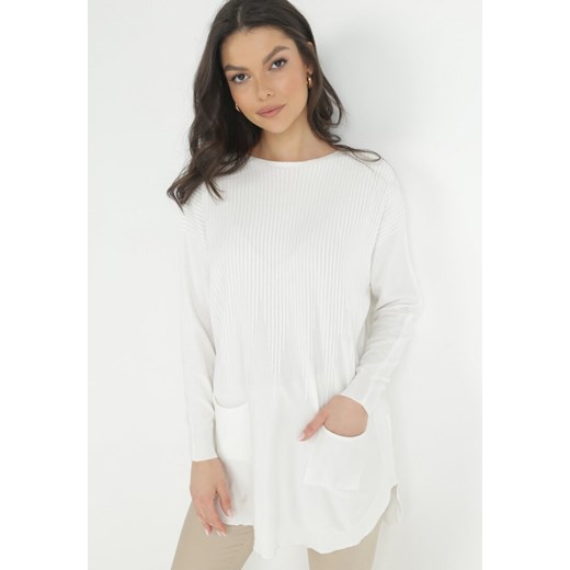 Biały Długi Sweter z Kieszeniami Mauvi ze sklepu Born2be Odzież w kategorii Swetry damskie - zdjęcie 147916530