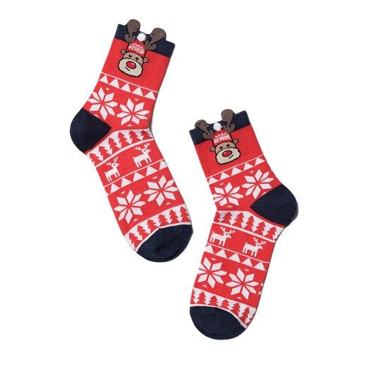 Rudolf bawełniane skarpetki ze świątecznym ornamentem i pikotem, Kolor czerwony-wzór, Rozmiar 42-45, Conte ze sklepu Intymna w kategorii Skarpetki damskie - zdjęcie 147968913