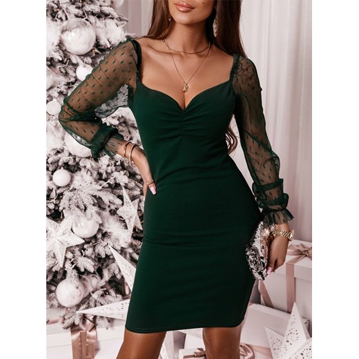 Dopasowana sukienka z tiulowymi rękawami Hurneta - butelkowa zieleń - butelkowa zieleń ze sklepu pakuten.pl w kategorii Sukienki - zdjęcie 147985663