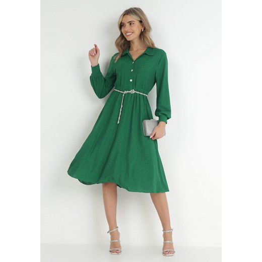 Zielona Rozkloszowana Sukienka z Koszulową Górą Rade ze sklepu Born2be Odzież w kategorii Sukienki - zdjęcie 147994860