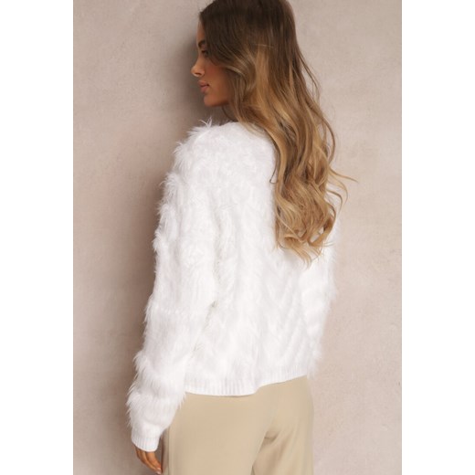 Biały Kardigan Zapinany z Wiskozy i Futerkiem Felieo ze sklepu Renee odzież w kategorii Swetry damskie - zdjęcie 148012283