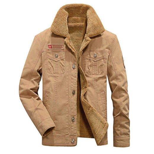 Męska kurtka jeansowa z brązową podszewką - Khaki / M Bombardina.pl XL Bombardina