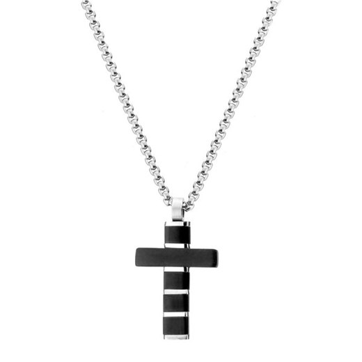 Elegancki czarno srebrny krzyżyk na łańcuszku ze stali szlachetnej ze sklepu manoki.pl w kategorii Naszyjniki męskie - zdjęcie 148116700