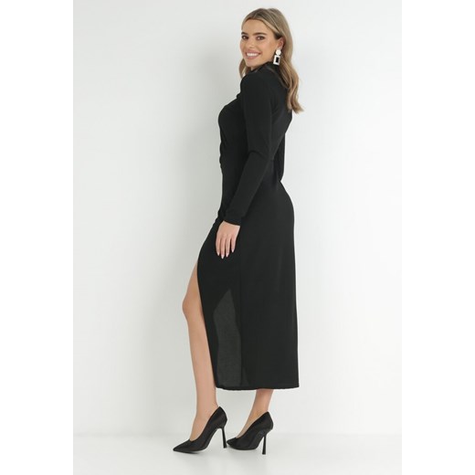 Czarna Sukienka z Asymetrycznym Marszczeniem Maxi Bose S promocja Born2be Odzież
