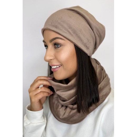 Mocca welurowy komplet czapka i komin - Uniwersalny Ivon Uniwersalny Moda Dla Ciebie