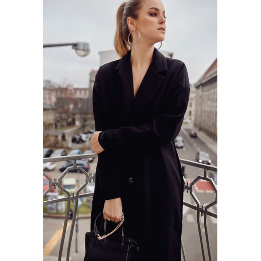 Luźny klasyczny trencz damski na guziki czarny 7298 fasardi.com