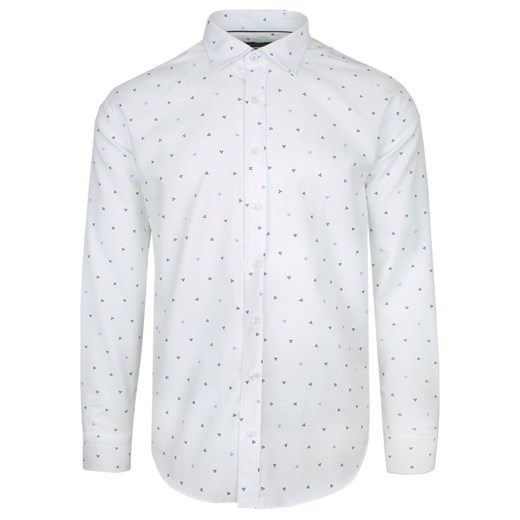 Koszula Bawełniana Biała w Niebiesko-Granatowy Geometryczny Wzór, Taliowana, Długi Rękaw -QUICKSIDE KSDWQUICK170351niebwzor ze sklepu JegoSzafa.pl w kategorii Koszule męskie - zdjęcie 148219344