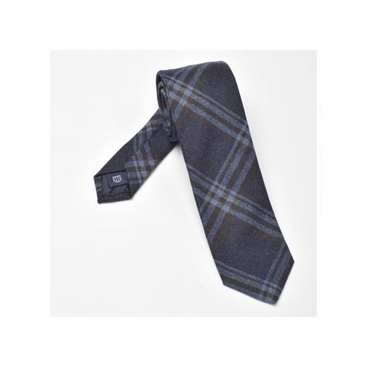 Granatowy krawat wełniany w błękitną i brązową kratę, wąski 6,5cm eleganckipan-com-pl szary do garnituru