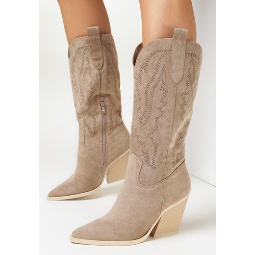 Ciemnobeżowe Kozaki Kowbojki z Haftem na Stożkowym Obcasie Iheash 40 wyprzedaż born2be.pl