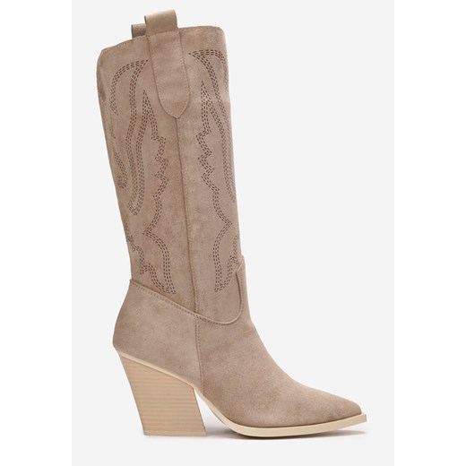Ciemnobeżowe Kozaki Kowbojki z Haftem na Stożkowym Obcasie Iheash 38 promocyjna cena born2be.pl