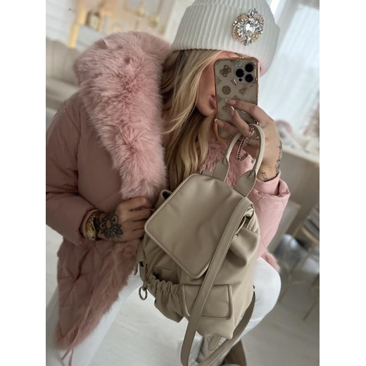 Kurtka pikowana pudrowa z kołnierzem z futerka W348 Fl Mode M/L Charlotte Fashion