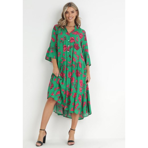 Zielona Sukienka Rozkloszowana z Falbankami Drirva ze sklepu Born2be Odzież w kategorii Sukienki - zdjęcie 148614842