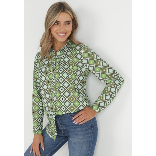 Jasnozielona Koszula na Guziki z Geometrycznym Wzorem Ieawe ze sklepu Born2be Odzież w kategorii Koszule damskie - zdjęcie 148652530