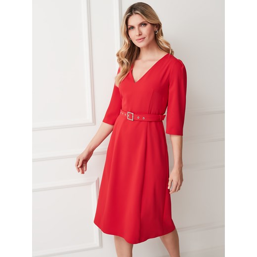 Elegancka czerwona sukienka z paskiem Potis & Verso Taylor ze sklepu Eye For Fashion w kategorii Sukienki - zdjęcie 148684922