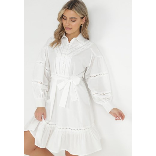 Biała Koszulowa Sukienka z Bufiastym Rękawem i Ażurowymi Wstawkami Staples ze sklepu Born2be Odzież w kategorii Sukienki - zdjęcie 149064584
