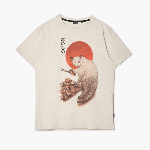 Cropp - Beżowy t-shirt z kotem - beżowy ze sklepu Cropp w kategorii T-shirty męskie - zdjęcie 149069151