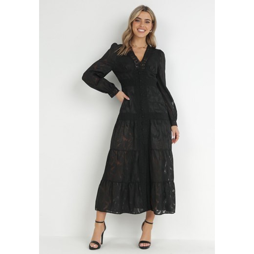 Czarna Koronkowa Sukienka z Falbanką i Ozdobnymi Guzikami Hines ze sklepu Born2be Odzież w kategorii Sukienki - zdjęcie 149070500