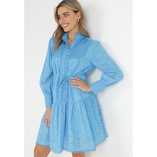Niebieska Sukienka z Haftowanej Tkaniny ze Stójką i Perłowymi Guzikami  Salino ze sklepu Born2be Odzież w kategorii Sukienki - zdjęcie 149070584