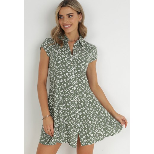 Zielona Koszulowa Sukienka Bez Rękawów w Kwiaty Felina ze sklepu Born2be Odzież w kategorii Sukienki - zdjęcie 149085741