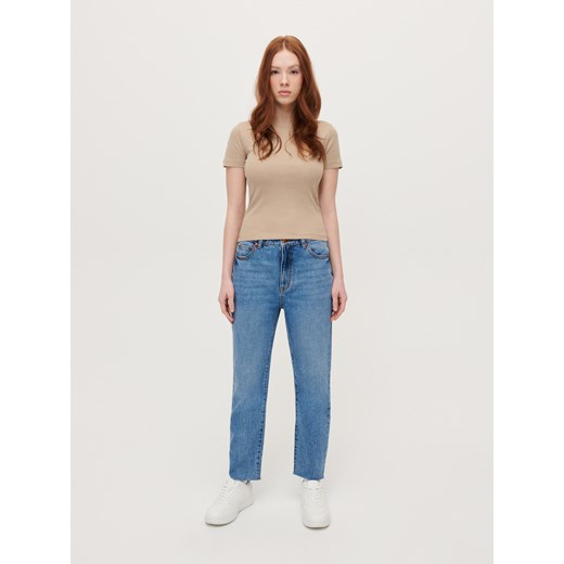 Jeansy mom slim fit z efektem sprania niebieskie - Granatowy House 42 House