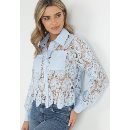 Jasnoniebieska Ażurowa Koszula z Kieszeniami Clarimonda ze sklepu Born2be Odzież w kategorii Koszule damskie - zdjęcie 149161572