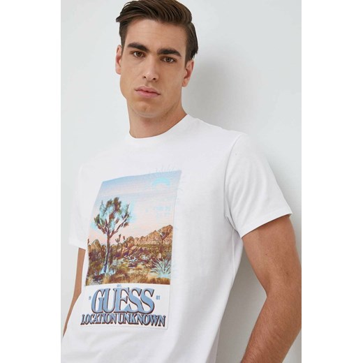Guess t-shirt bawełniany kolor biały z nadrukiem ze sklepu ANSWEAR.com w kategorii T-shirty męskie - zdjęcie 149275352