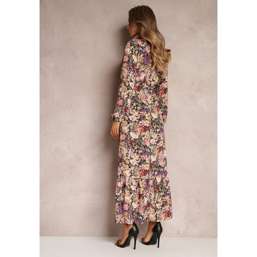 Beżowo-Fioletowa Sukienka Rozkloszowana w Kwiaty Rotu ze sklepu Renee odzież w kategorii Sukienki - zdjęcie 149275554