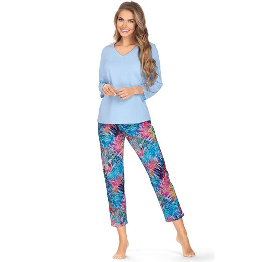 Bawełniana niebieska piżama Alexia z rękawami 7/8 i nogawkami 7/8, Kolor niebieski-wzór, Rozmiar S, Wies-MANN ze sklepu Intymna w kategorii Piżamy damskie - zdjęcie 149349882