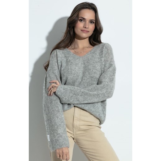 Sweter z dekoltem V z wełny alpaki w kolorze szarym F1395, Kolor szary, Rozmiar L/XL, Fobya ze sklepu Primodo w kategorii Swetry damskie - zdjęcie 149415830
