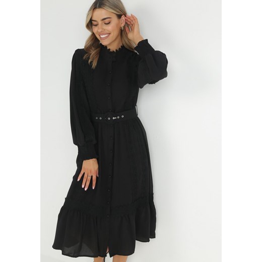 Czarna Sukienka Koszulowa z Paskiem I Koronkowymi Wstawkami Nolenne ze sklepu Born2be Odzież w kategorii Sukienki - zdjęcie 149465304