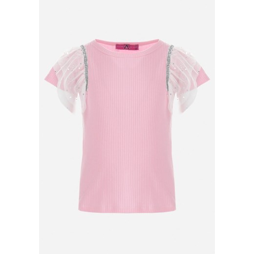 Różowa Koszulka z Prążkowanej Dzianiny z Falbankami Nouf ze sklepu Born2be Odzież w kategorii Bluzki dziewczęce - zdjęcie 149481892