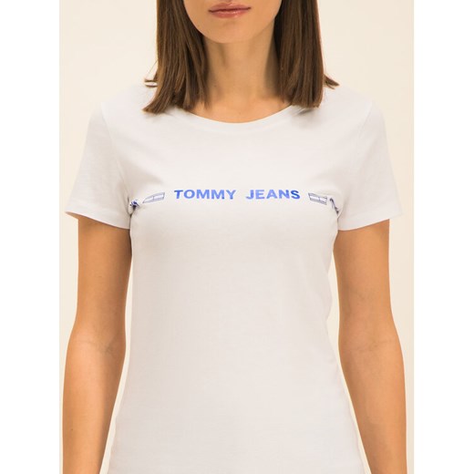 Tommy Jeans T-Shirt Linear Logo DW0DW07799 Biały Slim Fit Tommy Jeans XS wyprzedaż MODIVO