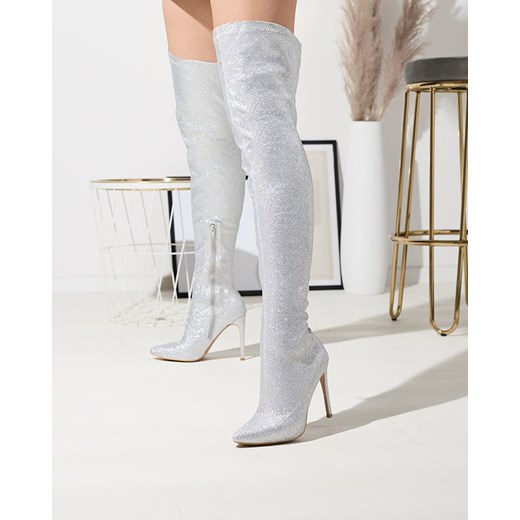 Srebrne damskie kozaki za kolano z brokatem Qesda- Obuwie Royalfashion.pl 41 royalfashion.pl