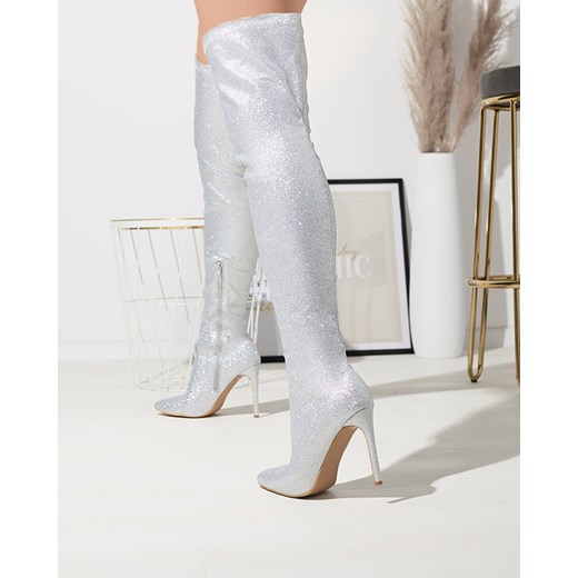 Srebrne damskie kozaki za kolano z brokatem Qesda- Obuwie Royalfashion.pl 40 royalfashion.pl