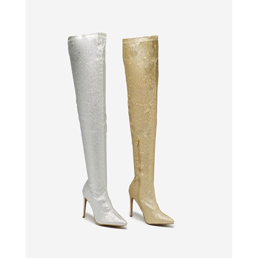 Srebrne damskie kozaki za kolano z brokatem Qesda- Obuwie Royalfashion.pl 39 royalfashion.pl