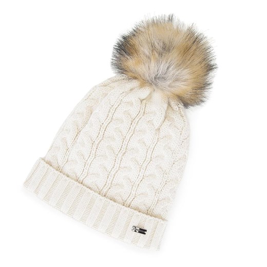 Damska czapka o warkoczowym splocie z pomponem kremowa ze sklepu WITTCHEN w kategorii Czapki zimowe damskie - zdjęcie 150629012