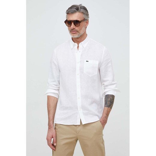 Lacoste koszula lniana kolor biały regular z kołnierzykiem button-down Lacoste 43 ANSWEAR.com