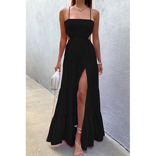 Czarna sukienka IVET maxi na studniówkę na ramiączkach elegancka rozkloszowana 