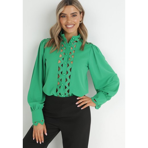Zielona Koszula ze Stójką i Koronkowymi Wstawkami Calsih ze sklepu Born2be Odzież w kategorii Koszule damskie - zdjęcie 150857650