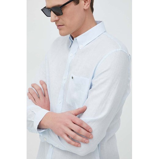 Lacoste koszula lniana kolor niebieski regular z kołnierzykiem button-down ze sklepu ANSWEAR.com w kategorii Koszule męskie - zdjęcie 150877190