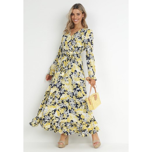Żółto-Granatowa Sukienka Maxi z Gumką w Pasie i Falbanką na Dole Bexli ze sklepu Born2be Odzież w kategorii Sukienki - zdjęcie 150881193