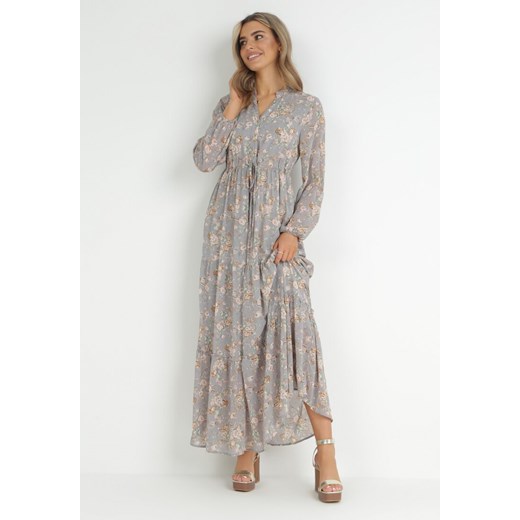 Szara Sukienka Maxi ze Sznurkiem w Talii i Falbaną na Dole Zailee XL/XXL wyprzedaż Born2be Odzież