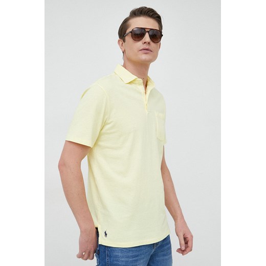 Polo Ralph Lauren polo z domieszką lnu kolor żółty gładki ze sklepu ANSWEAR.com w kategorii T-shirty męskie - zdjęcie 150953432